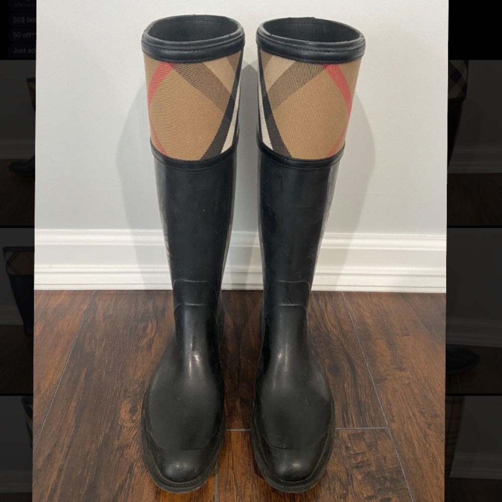 Burberry tall black beige plaid winter rain boots size 38 (US SIZE 8)